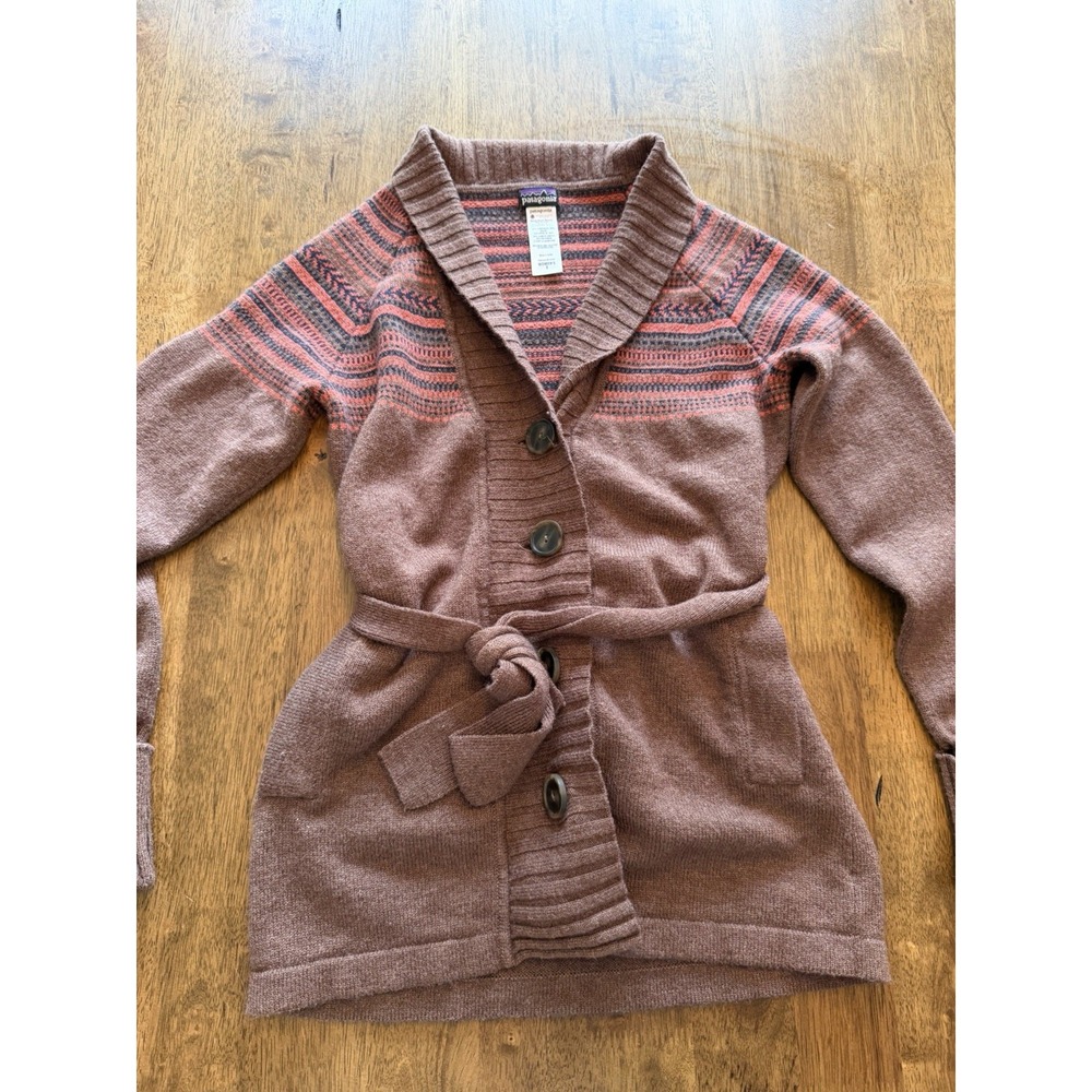 Patagonia Lambswool Brown Striped V-Neck Belted Cardigan Sweater S